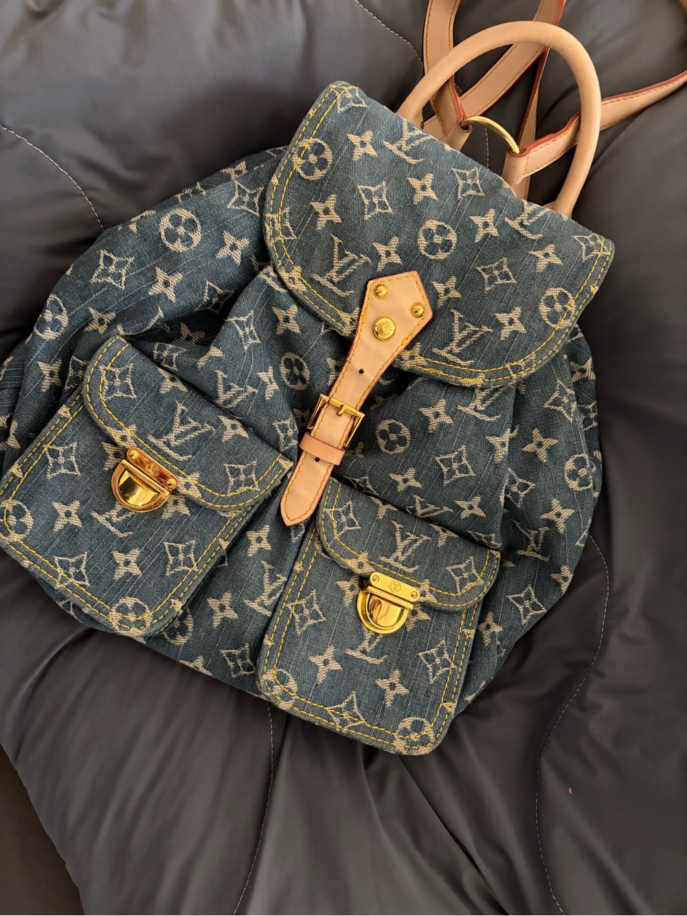 Stylish Fashion Denim Backpack with Tan Leather Trim - Picture 13 of 14